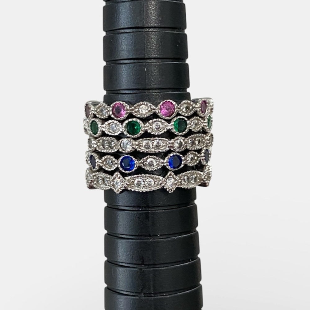 Vintage Style Sterling Silver 925 Lab Gemstone Stackable Eternity Ring Band Set